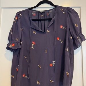 Madewell Dark Purple Blouse with Red Floral Embroidery